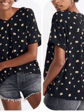 Madewell French Daisy Top M Black Button Back V Neck Ecovero Relaxed Blouse